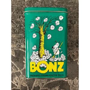 Vintage 1988 Purina Bonz Dog Snack Tin Green Yellow Cartoon Canister